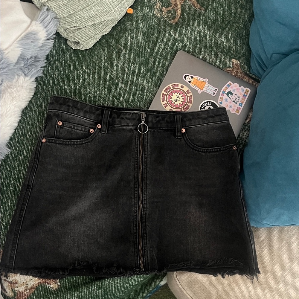 Free People Black Washed Denim Mini Skirt with Front Ring Zip